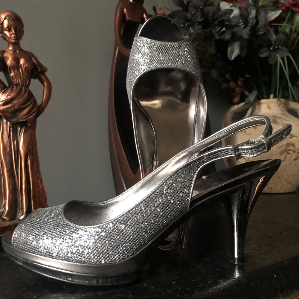 Silver sequin peep toe heels
